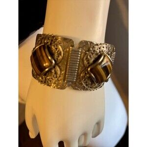 Vintage Wide Ornate Filigree Engraved Gold Tone Brown Agate Panel link Bracelet